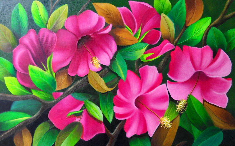 Pink Hibiscus Flowers — Vibrant, Painting
