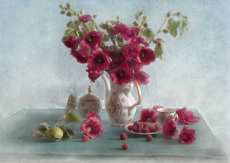 Pink Hollyhocks in Vase