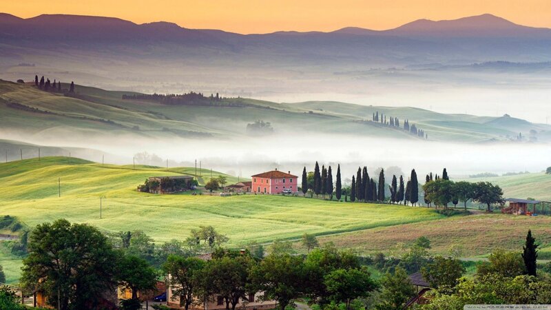 Pink House in Foggy Hills — Green, Serene