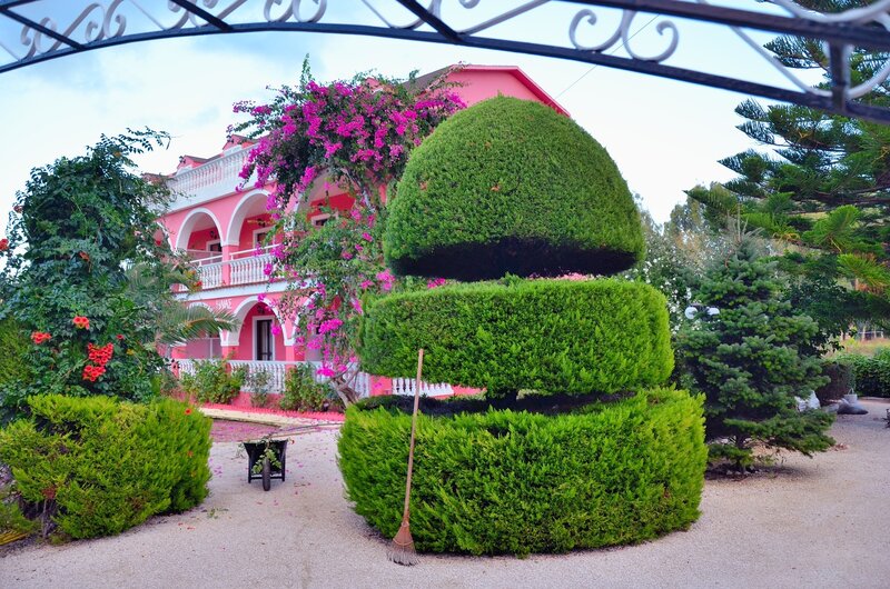 Pink house with topiary garden