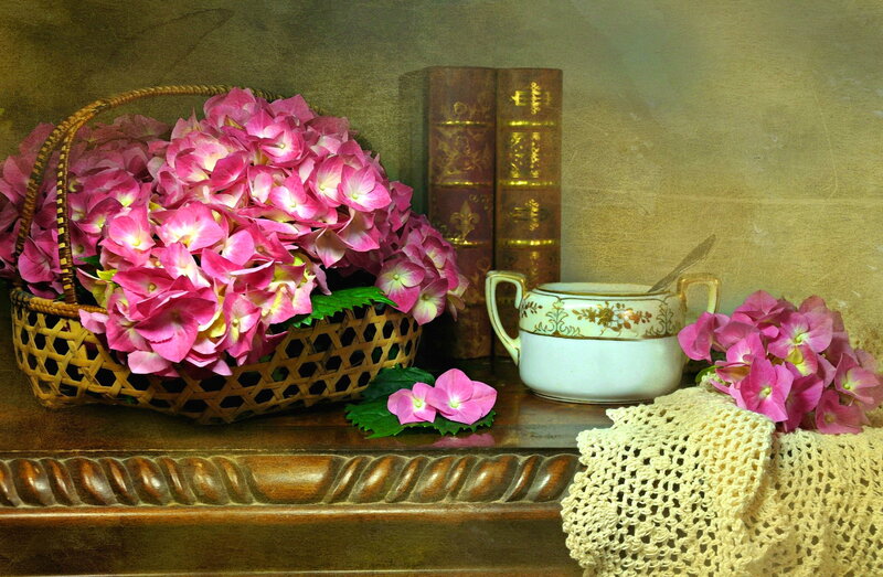 Pink Hydrangeas in Basket
