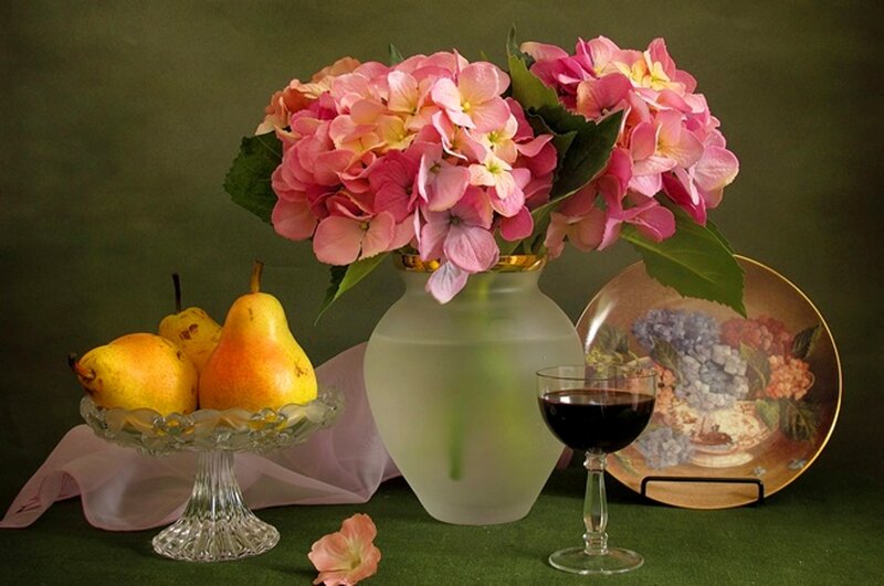 Pink Hydrangeas in Vase — Green