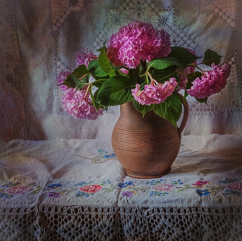 Pink Hydrangeas in Vase — Serene, Painting, Tablecloth