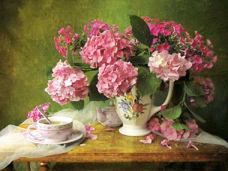 Pink Hydrangeas in Vase — Serene, Painting