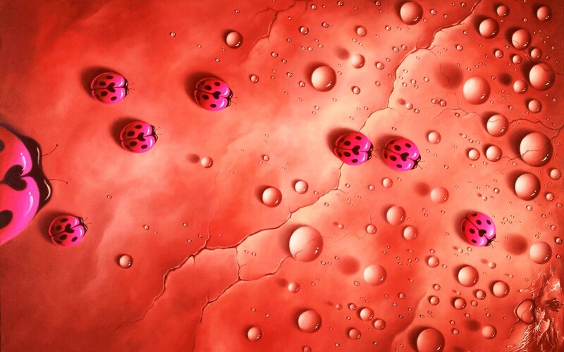 Pink Ladybugs on Red Surface — Dramatic, Digital Art, Bubbles, Cracks