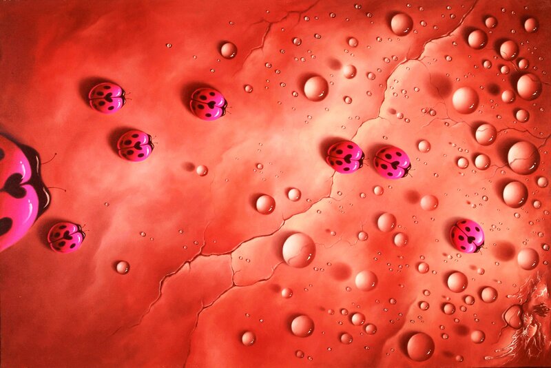 Pink Ladybugs on Red Surface — Dramatic, Digital Art