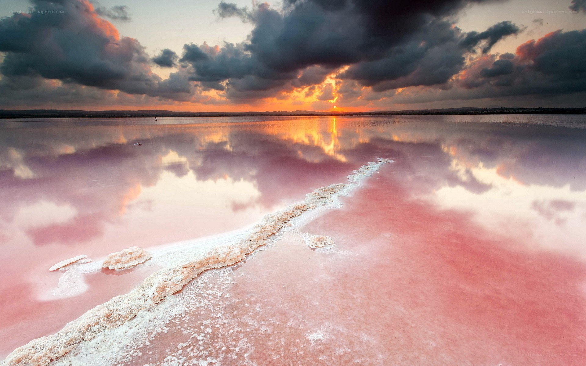Pink lake at sunset