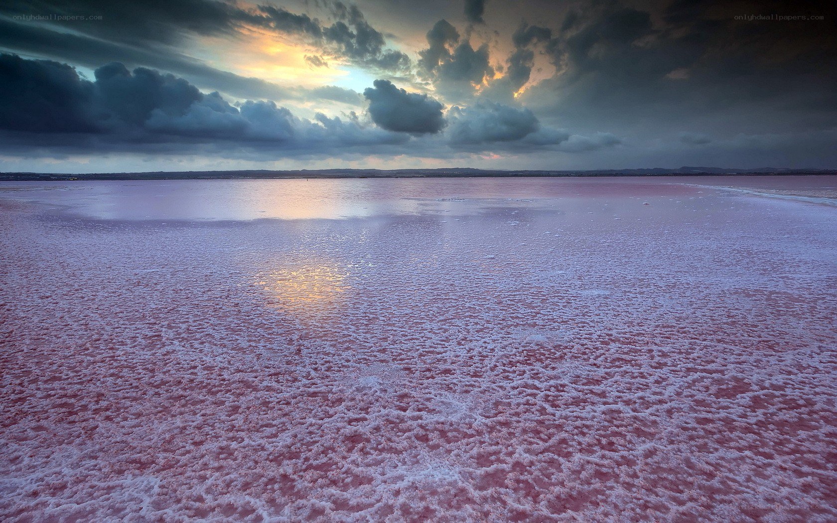 Pink lake at sunset