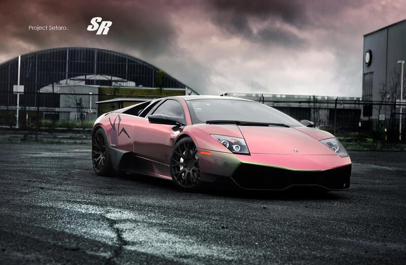 Pink Lamborghini in industrial lot
