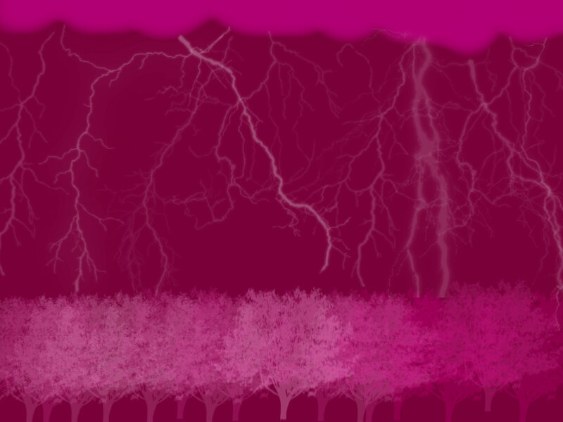 Pink lightning storm over trees