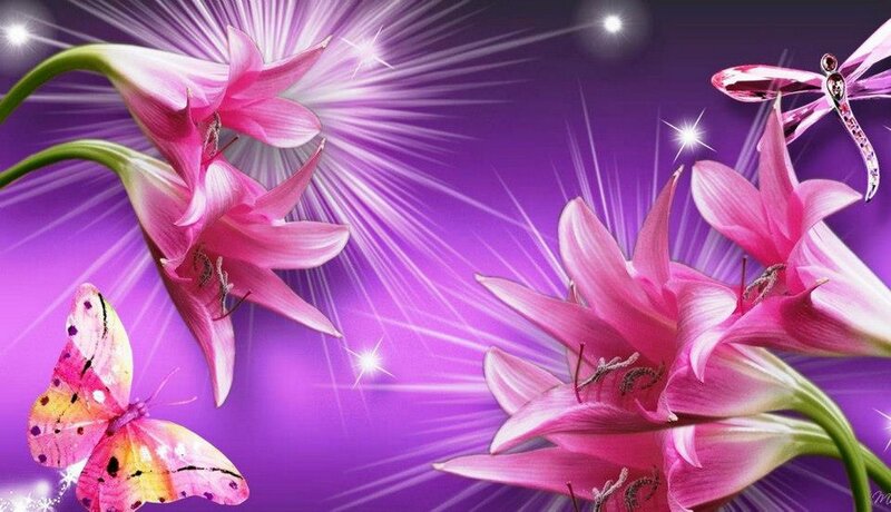 Pink Lilies and Butterflies — Purple