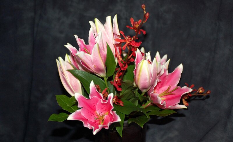 Pink lilies and orchids bouquet