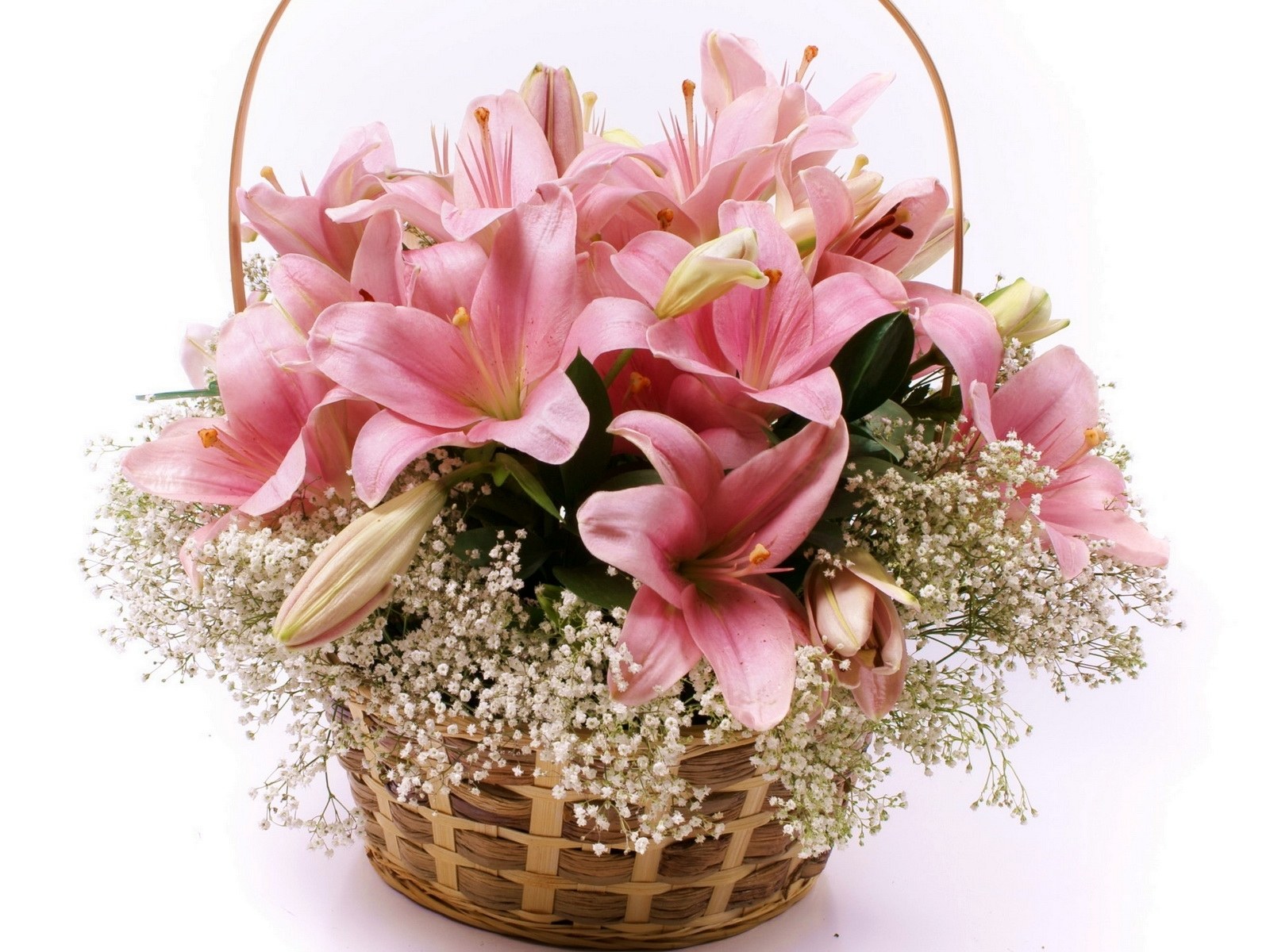 Pink lilies in a basket