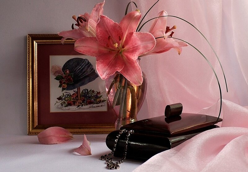 Pink Lilies in Vase — Serene, Photograph, Picture Frame