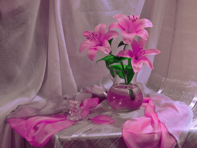 Pink Lilies in Vase — Serene, Photograph