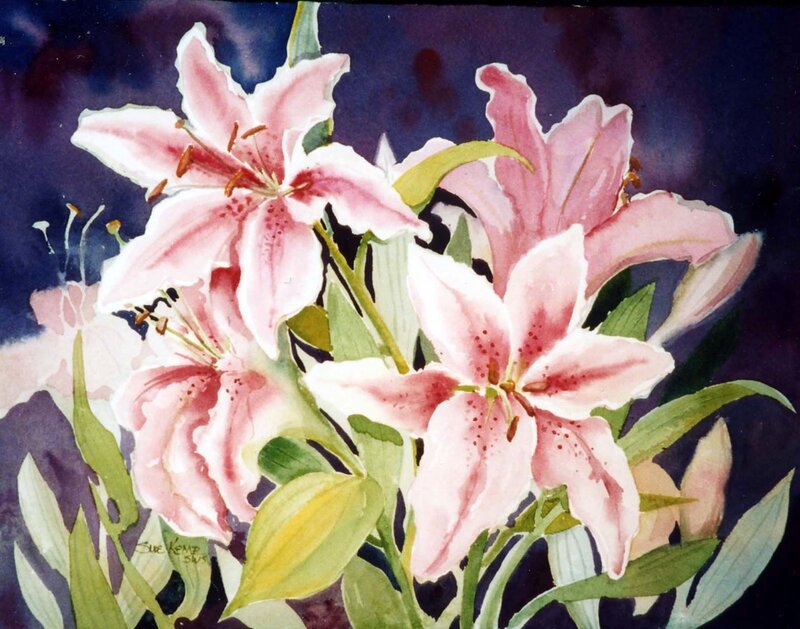 Pink lilies in watercolor