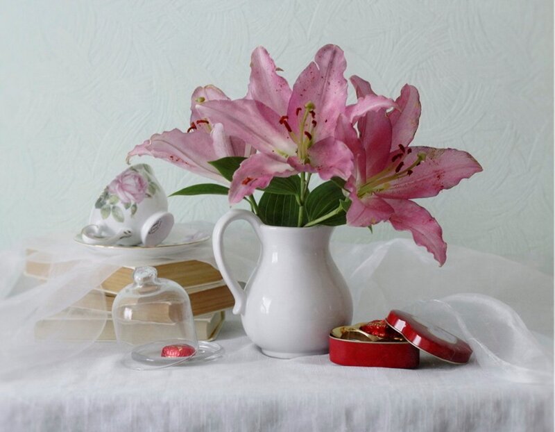 Pink Lilies in White Pitcher