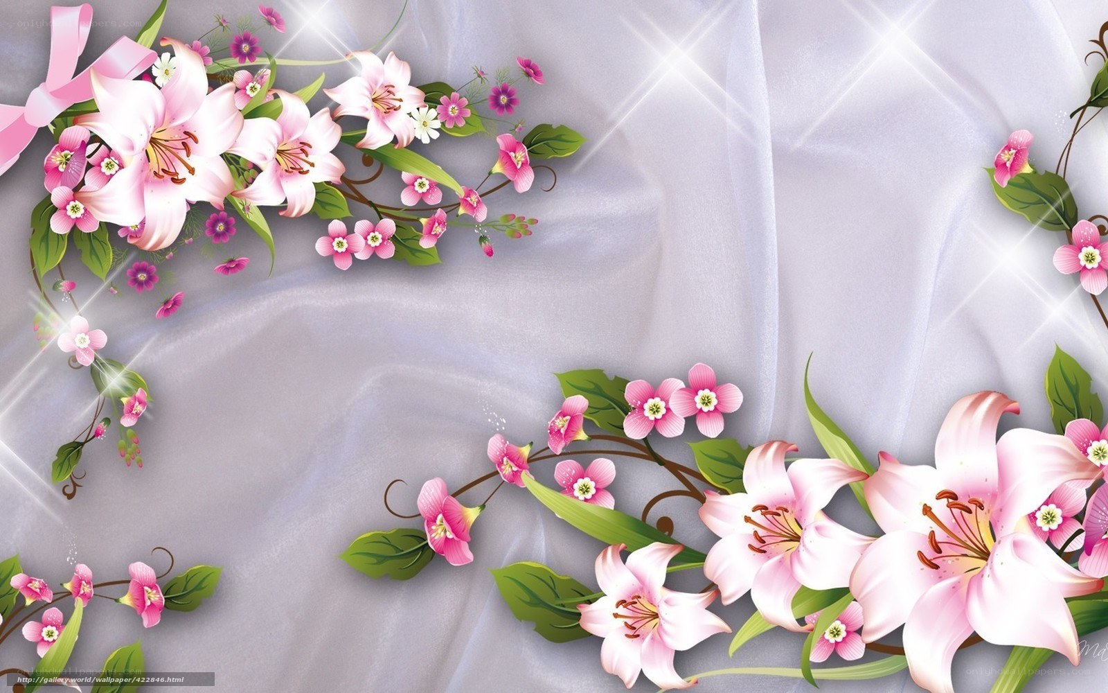 Pink lilies on satin background