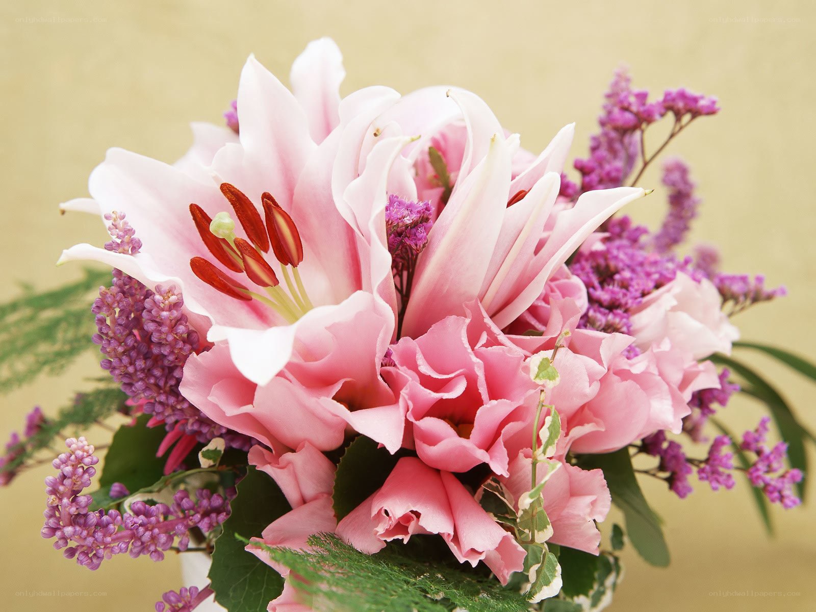 Pink lily and purple flowers