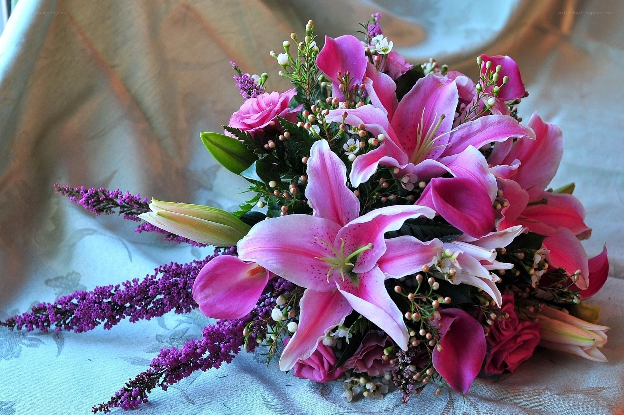 Pink lily bouquet with purple accents