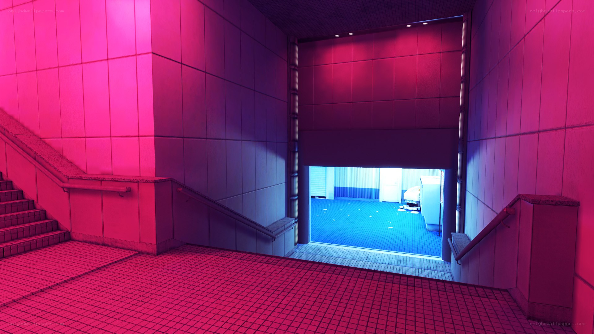 pink-lit corridor with blue exit