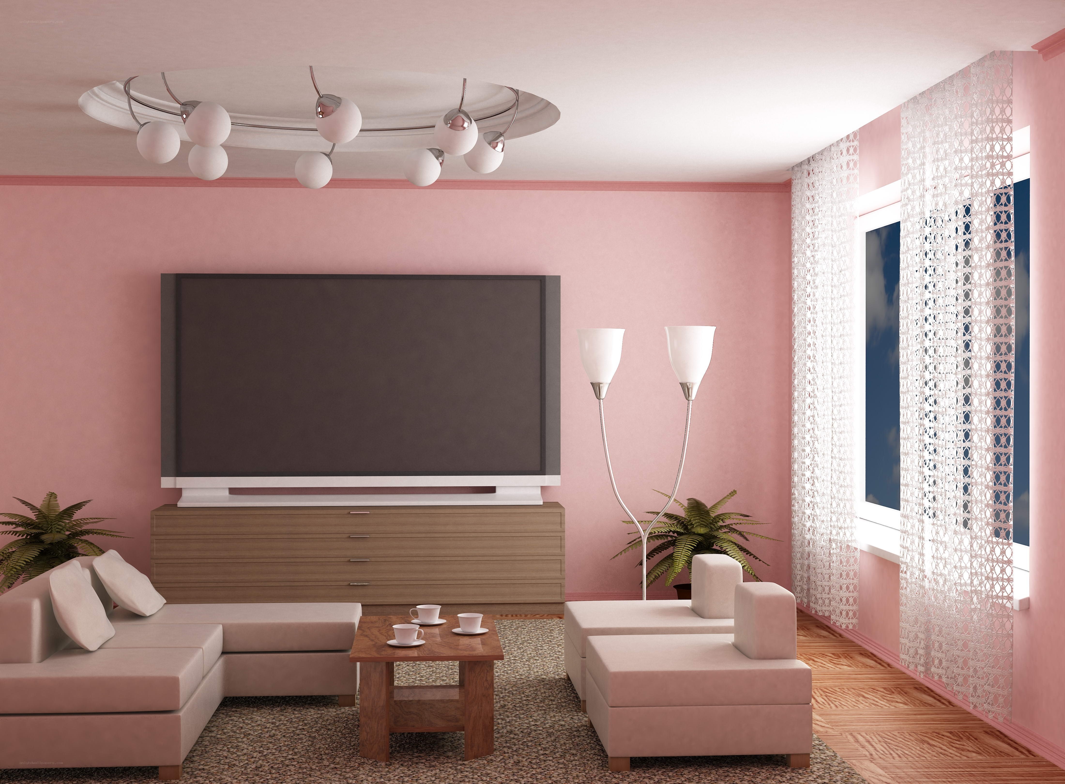 Pink living room with TV