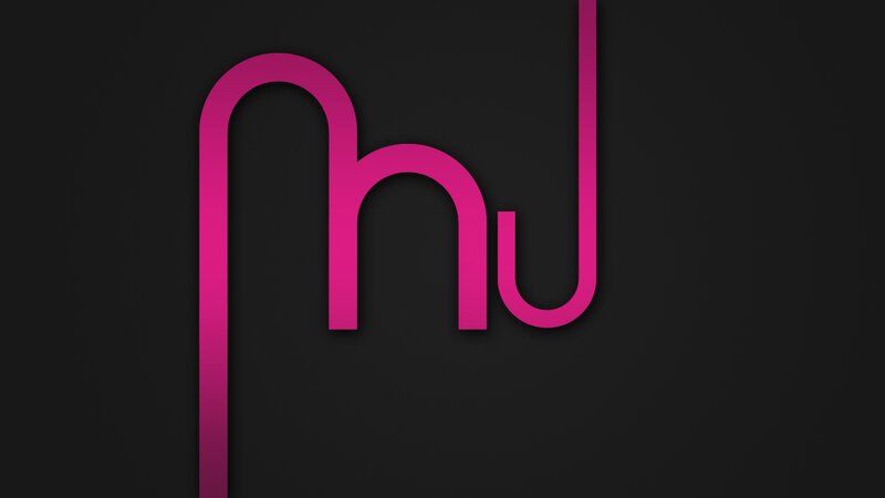 pink logo on black background
