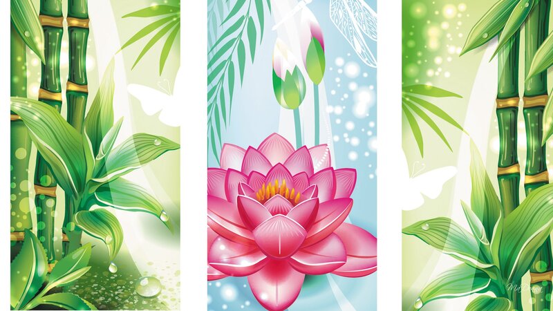 Pink Lotus Flower — Green, Serene, Digital Art