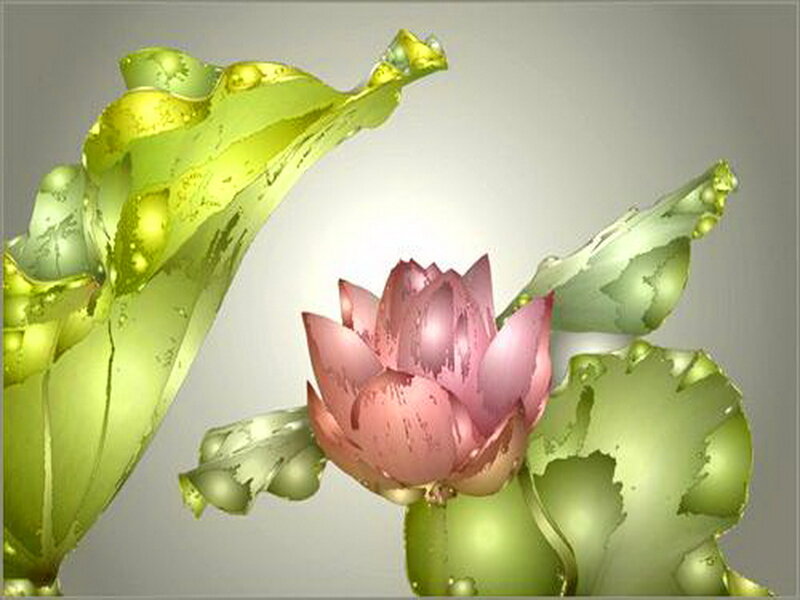 Pink Lotus Flower — Serene, Digital Art, Green Leaves