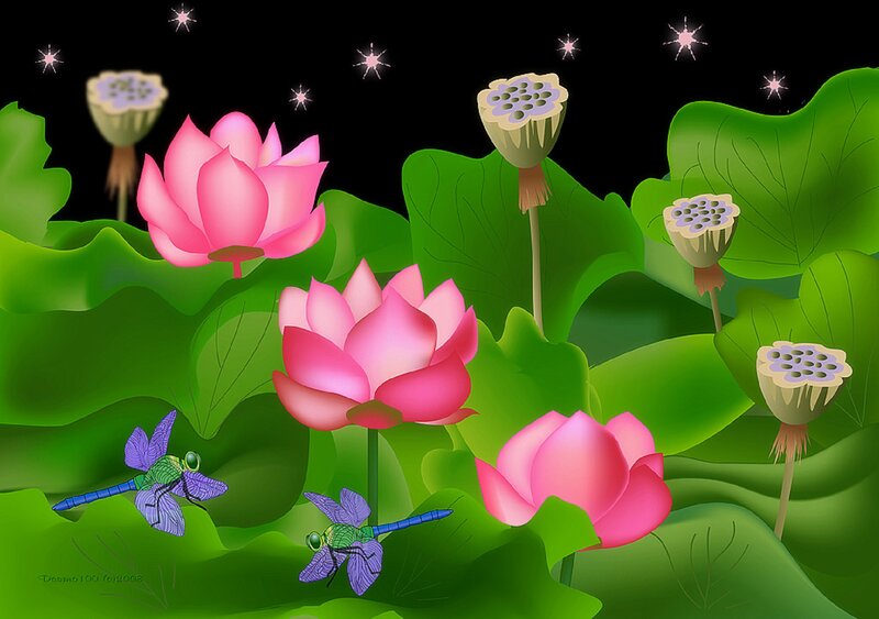 Pink Lotus Flowers — Green, Serene, Night