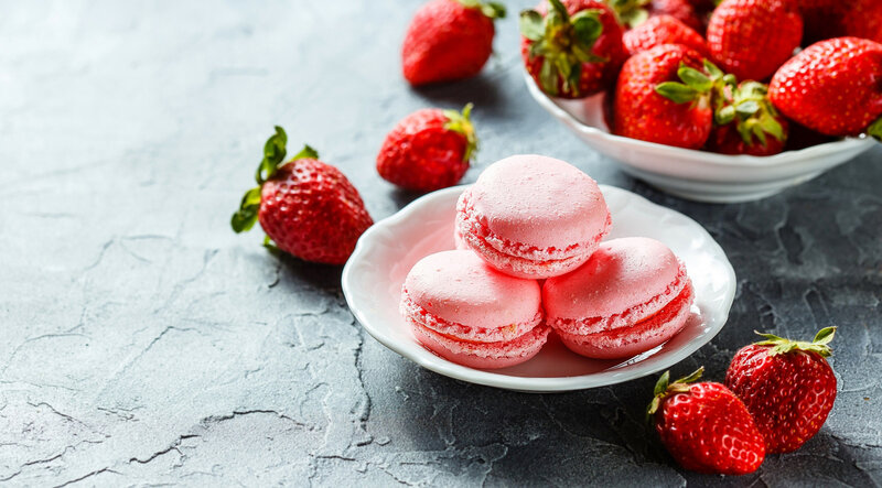 Pink Macarons and Strawberries