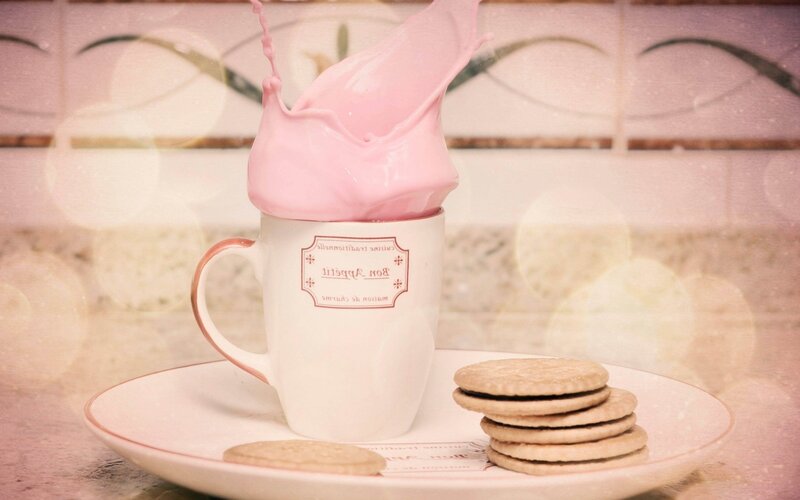 Pink Milk Splash in Cup — Whimsical, Photograph