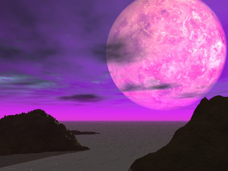 Pink moon over alien landscape