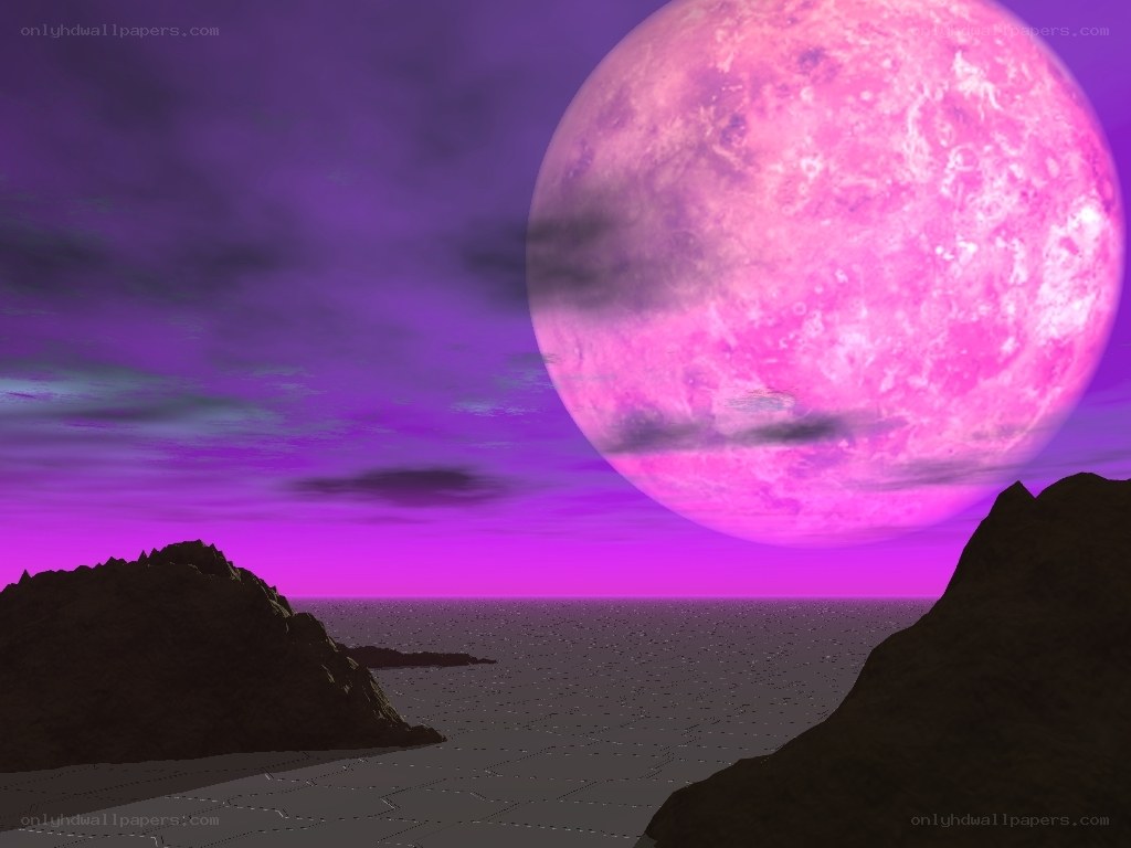 Pink moon over alien landscape