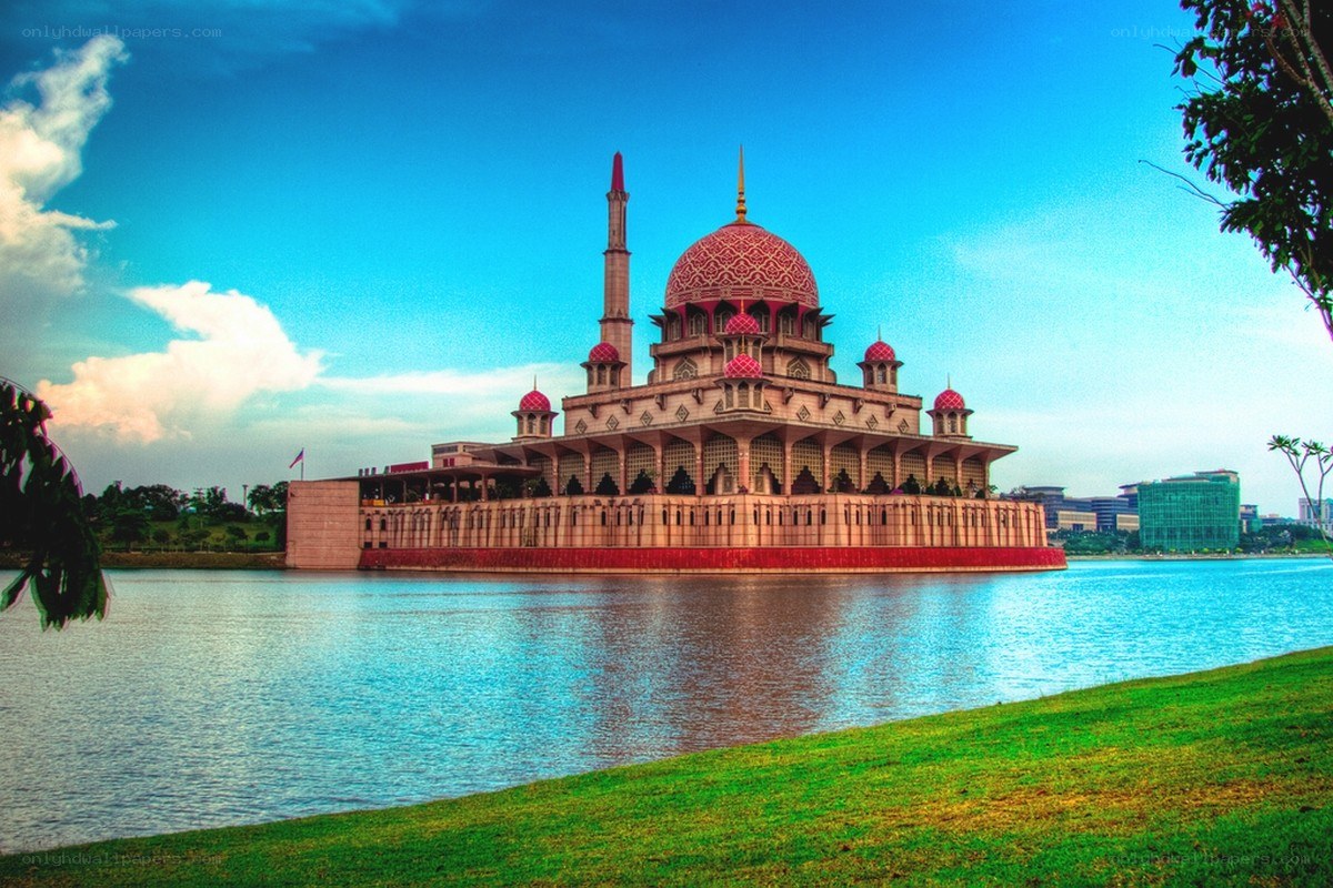 Pink mosque on a lake
