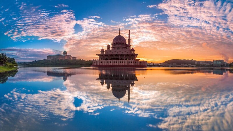 Pink Mosque on Lake — Blue, Serene, Sunrise