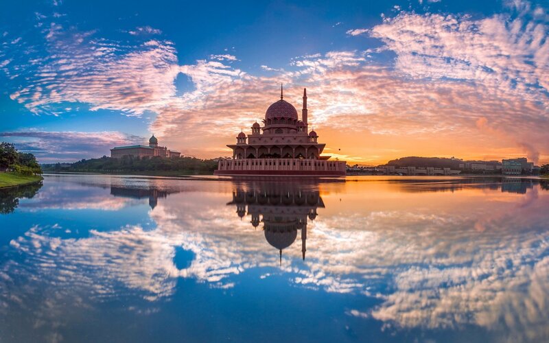 Pink Mosque on Lake — Blue, Serene, Sunset