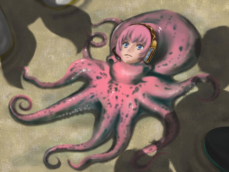pink octopus girl with headphones