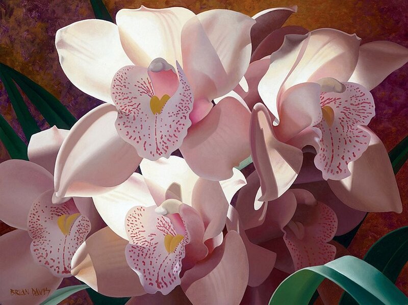 Pink Orchid Flowers — Serene, Painting, Green Leaves