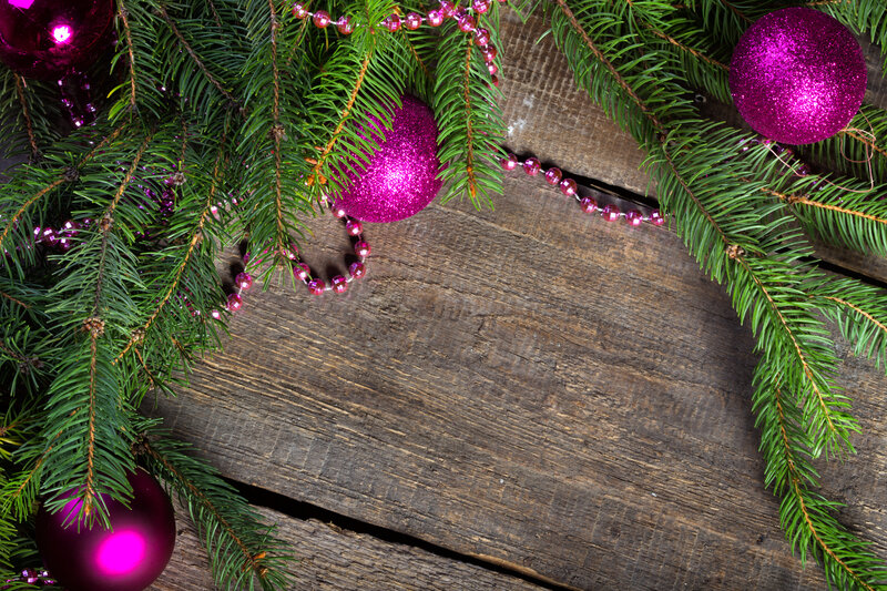 Pink Ornaments on Pine Branches