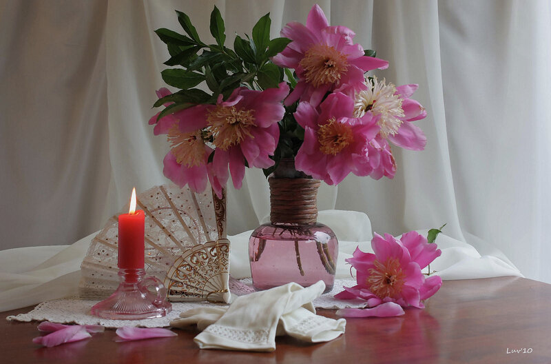 Pink peonies and candle still life