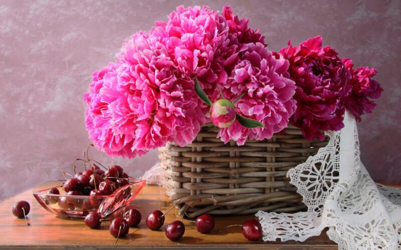 Pink Peonies and Cherries