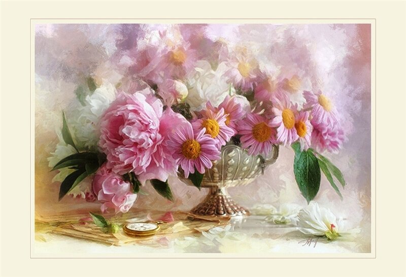 Pink Peonies and Daisies — Serene, Painting