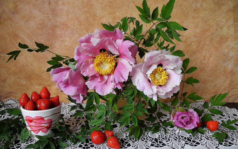 Pink Peonies and Strawberries