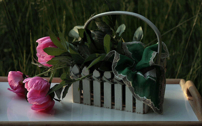Pink Peonies in Basket — Green