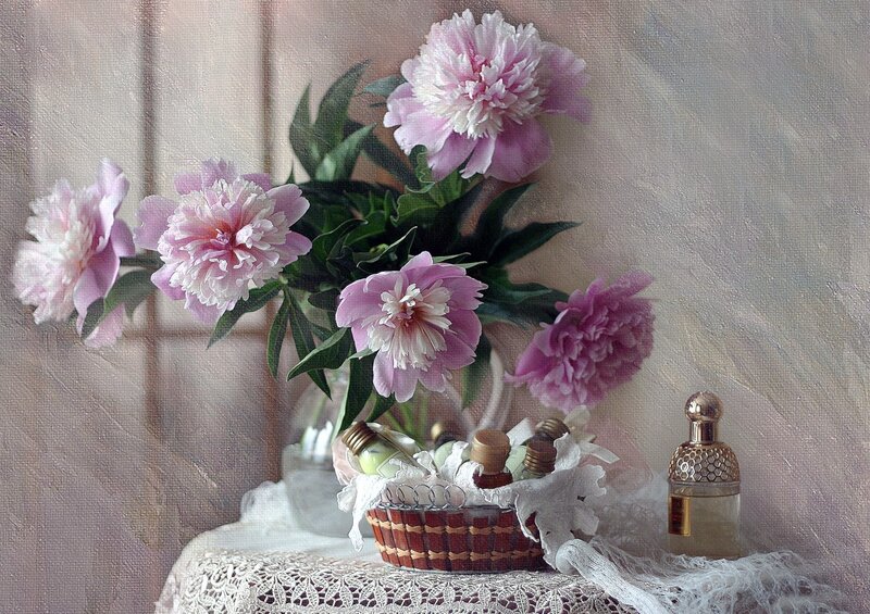 Pink Peonies in Basket — Serene, Painting