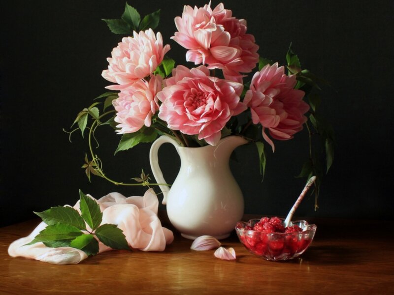 Pink Peonies in Pitcher — Serene, Photograph, Raspberries, Bowl