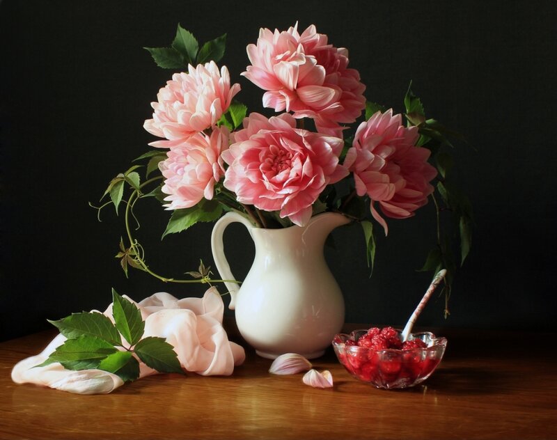 Pink Peonies in Pitcher — Serene, Photograph, Raspberries