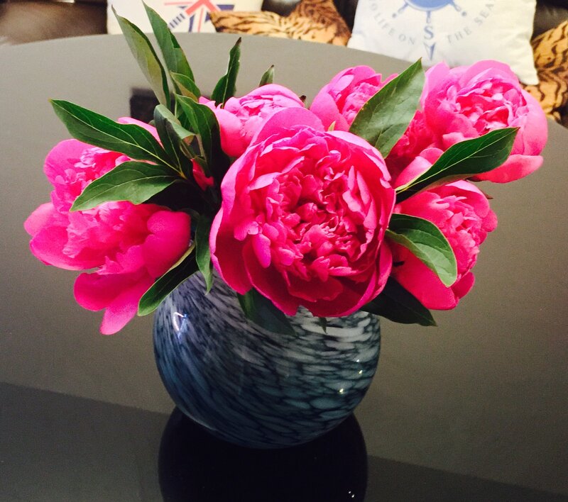 Pink Peonies in Vase — Calm, Photograph, Table, Pillows
