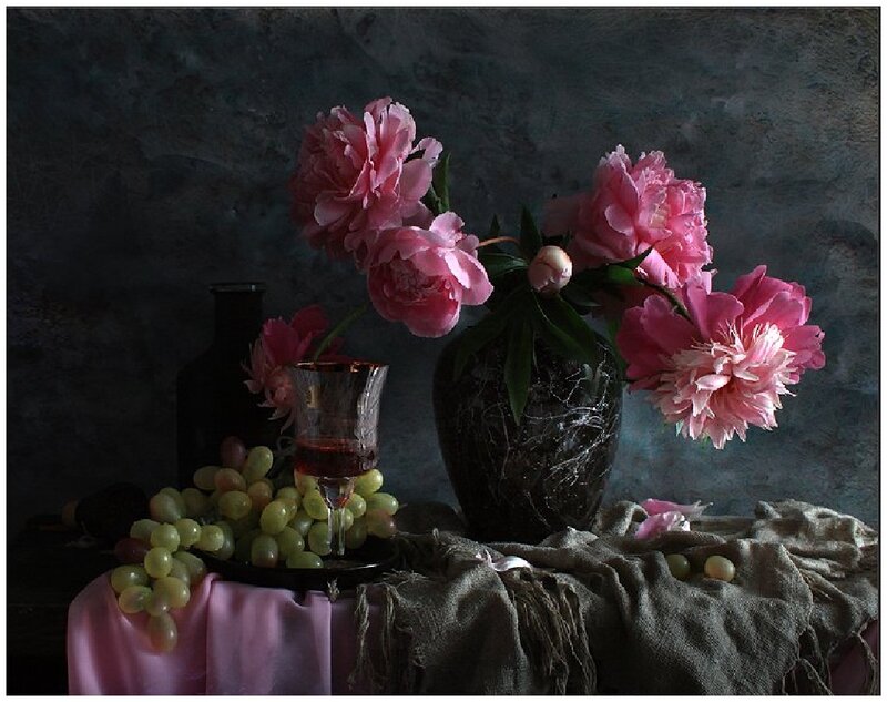 Pink Peonies in Vase — Dramatic, Photograph, Grapes